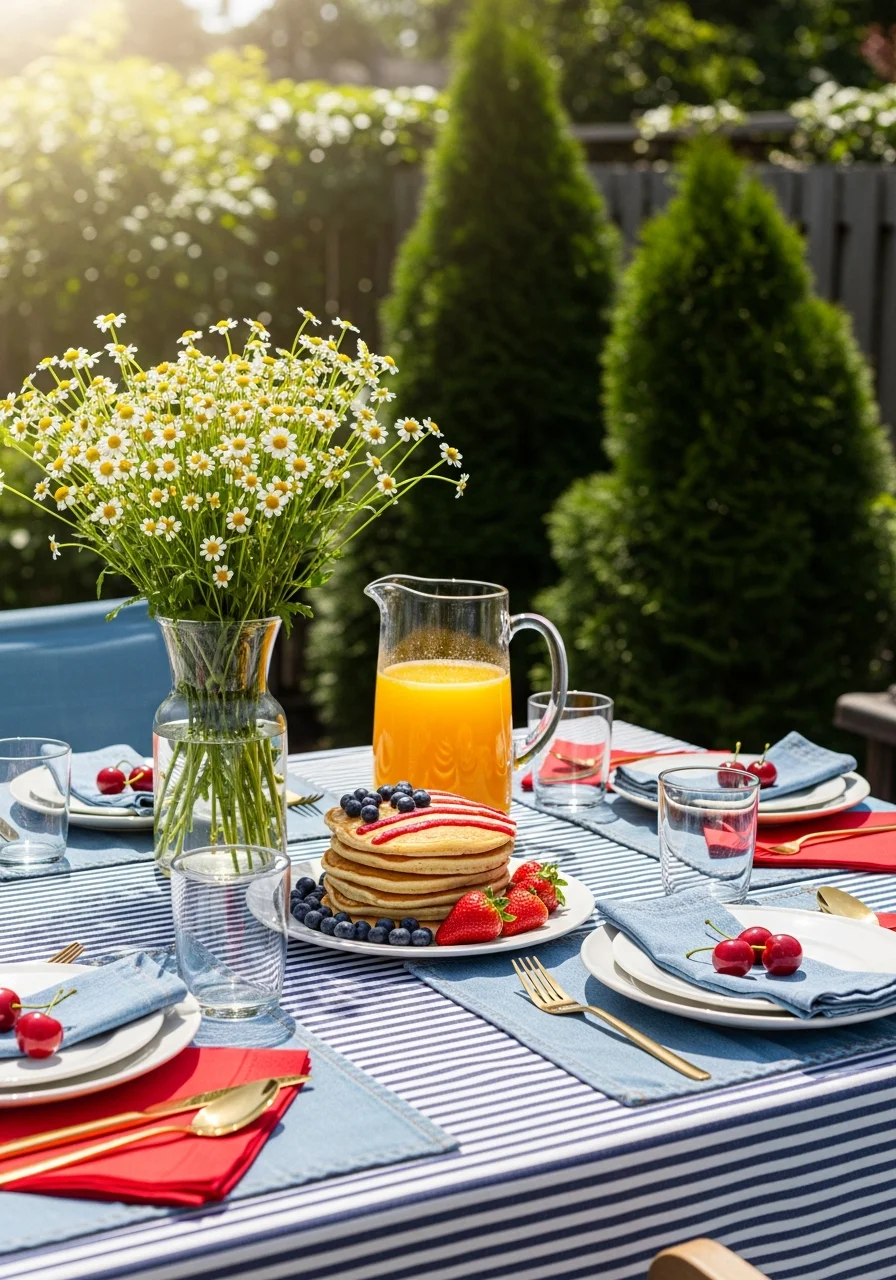 Breakfast table with pancakes and fresh fruit in a garden.