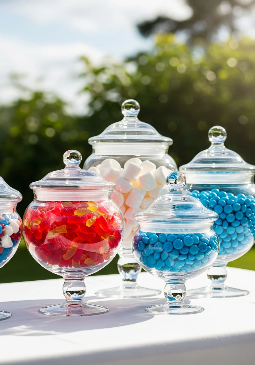 Candy buffet with jars of red, white, and blue sweets.