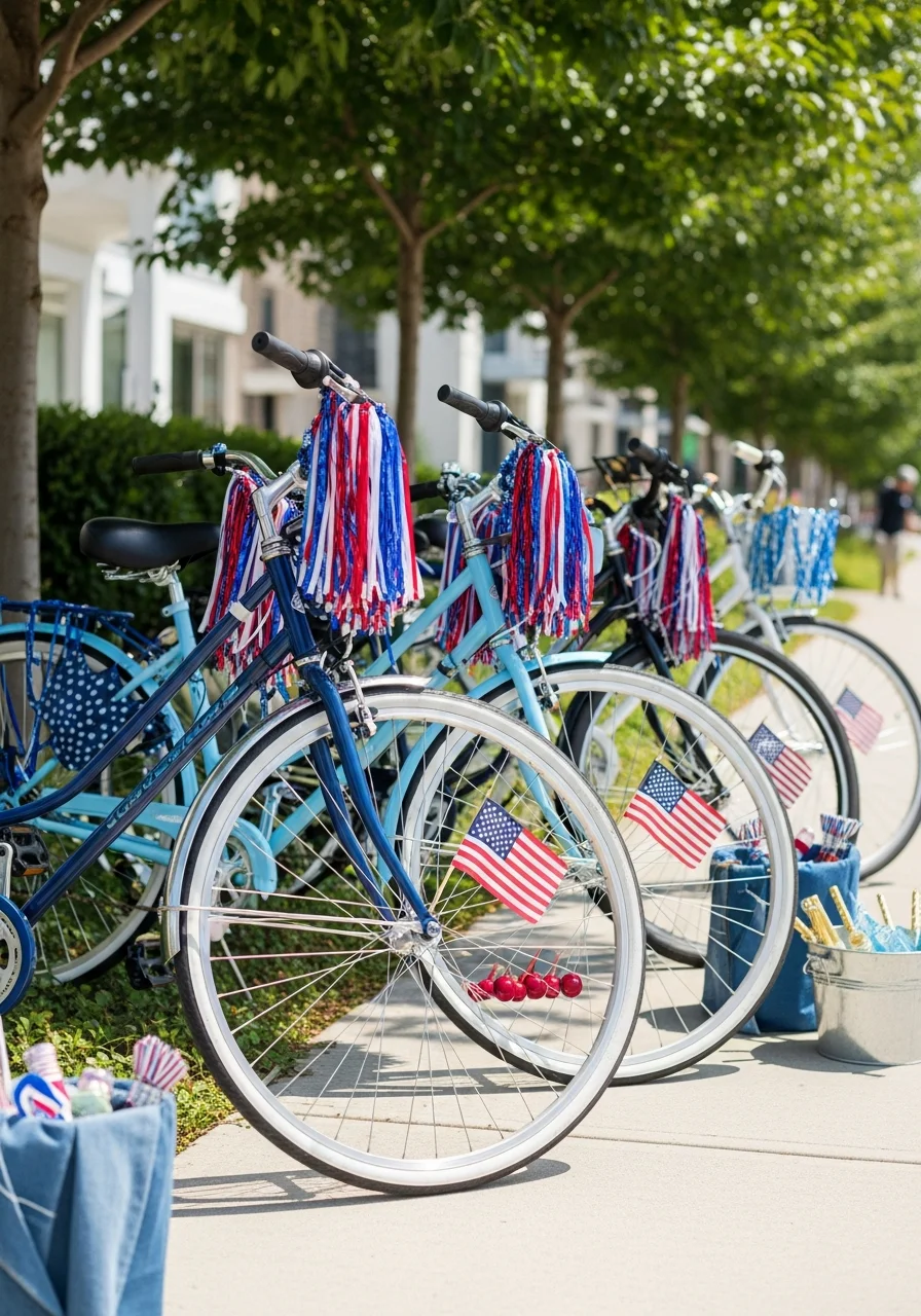 Children's bicycles decorated with patriotic streamers and flags.