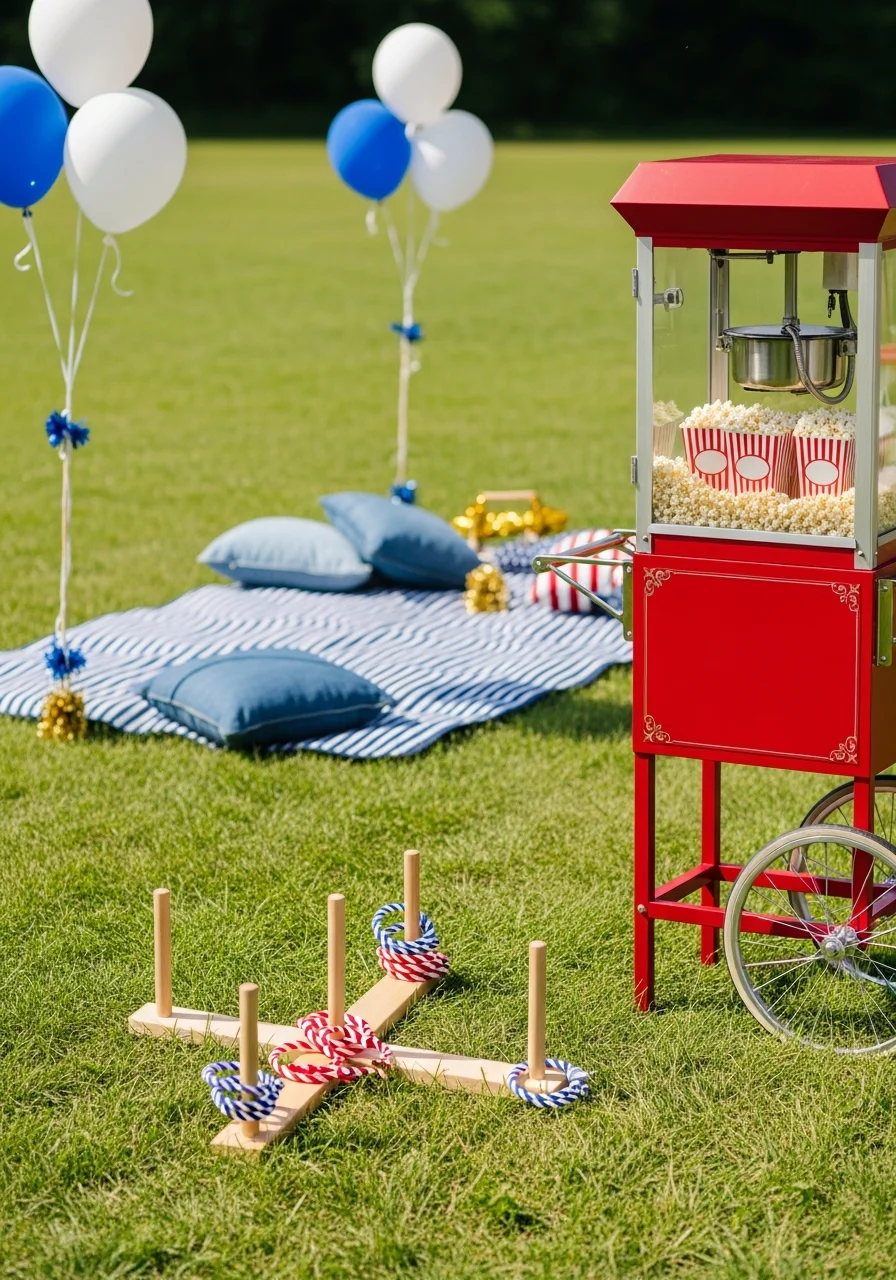 Backyard carnival area with games and a popcorn machine.