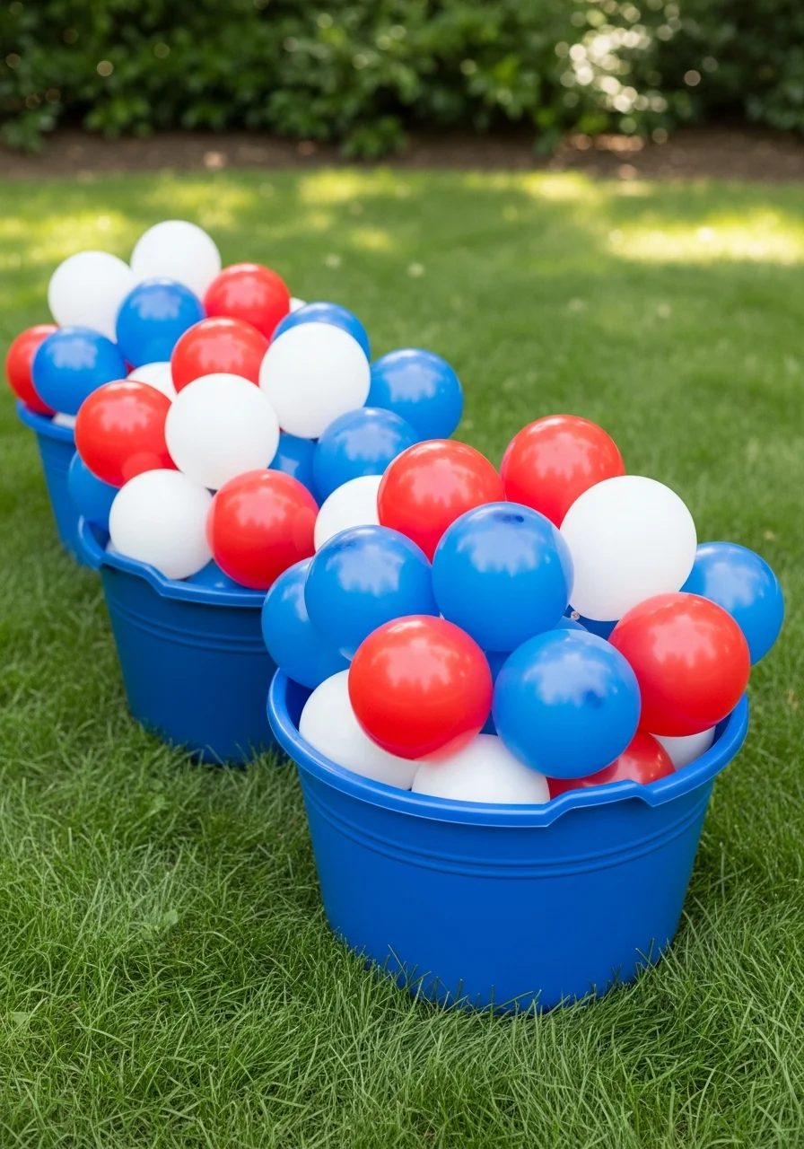 Tubs of colorful water balloons ready for a backyard game.