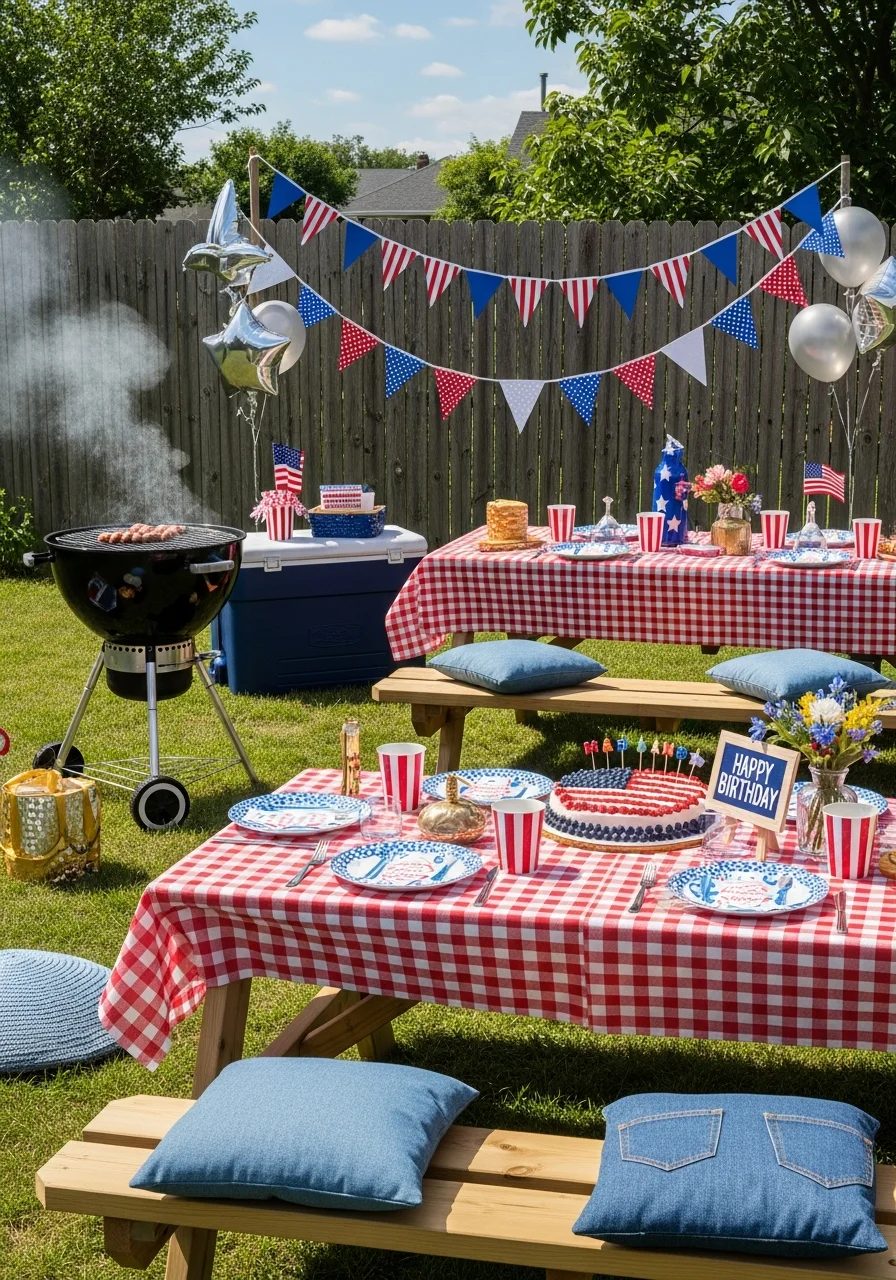 Backyard BBQ setup with patriotic banners and picnic tables.