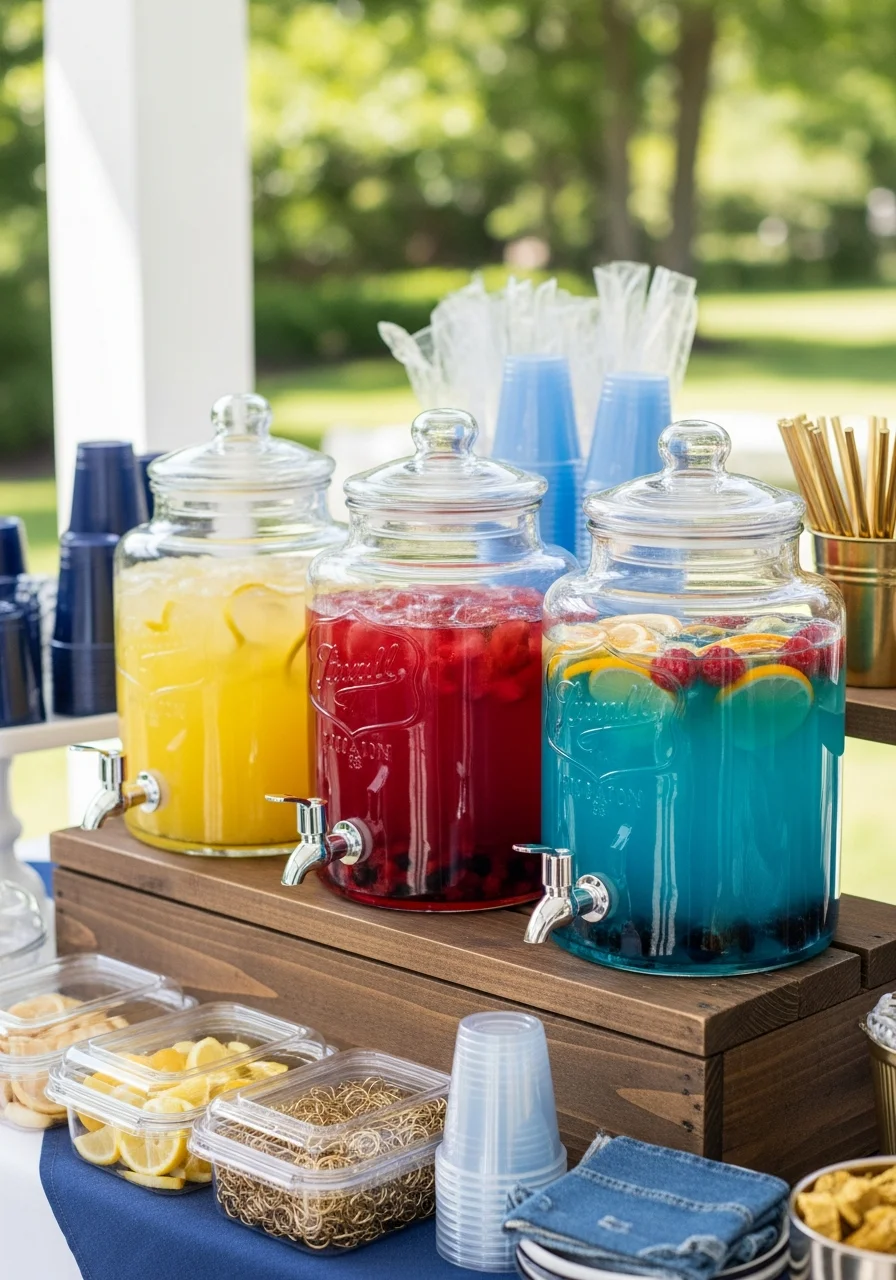 Drink station with three colors of lemonade in glass dispensers.