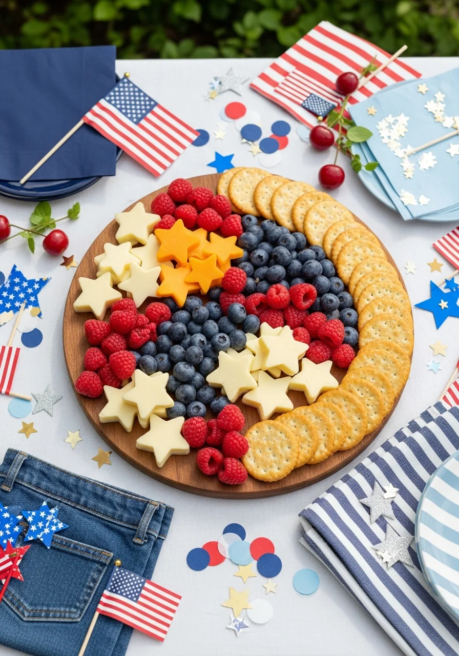 Charcuterie board with star-shaped cheese and fresh berries.