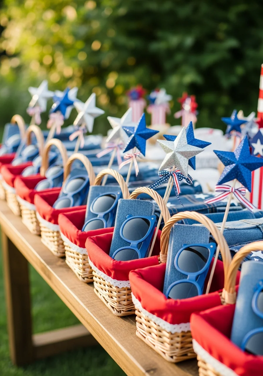 Small picnic baskets used as party favors on a table.