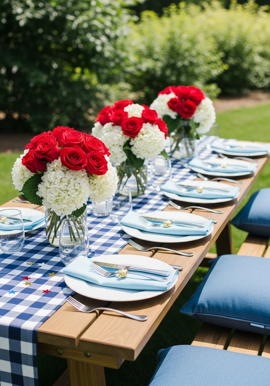 Long outdoor dinner table with navy gingham and floral centerpieces.