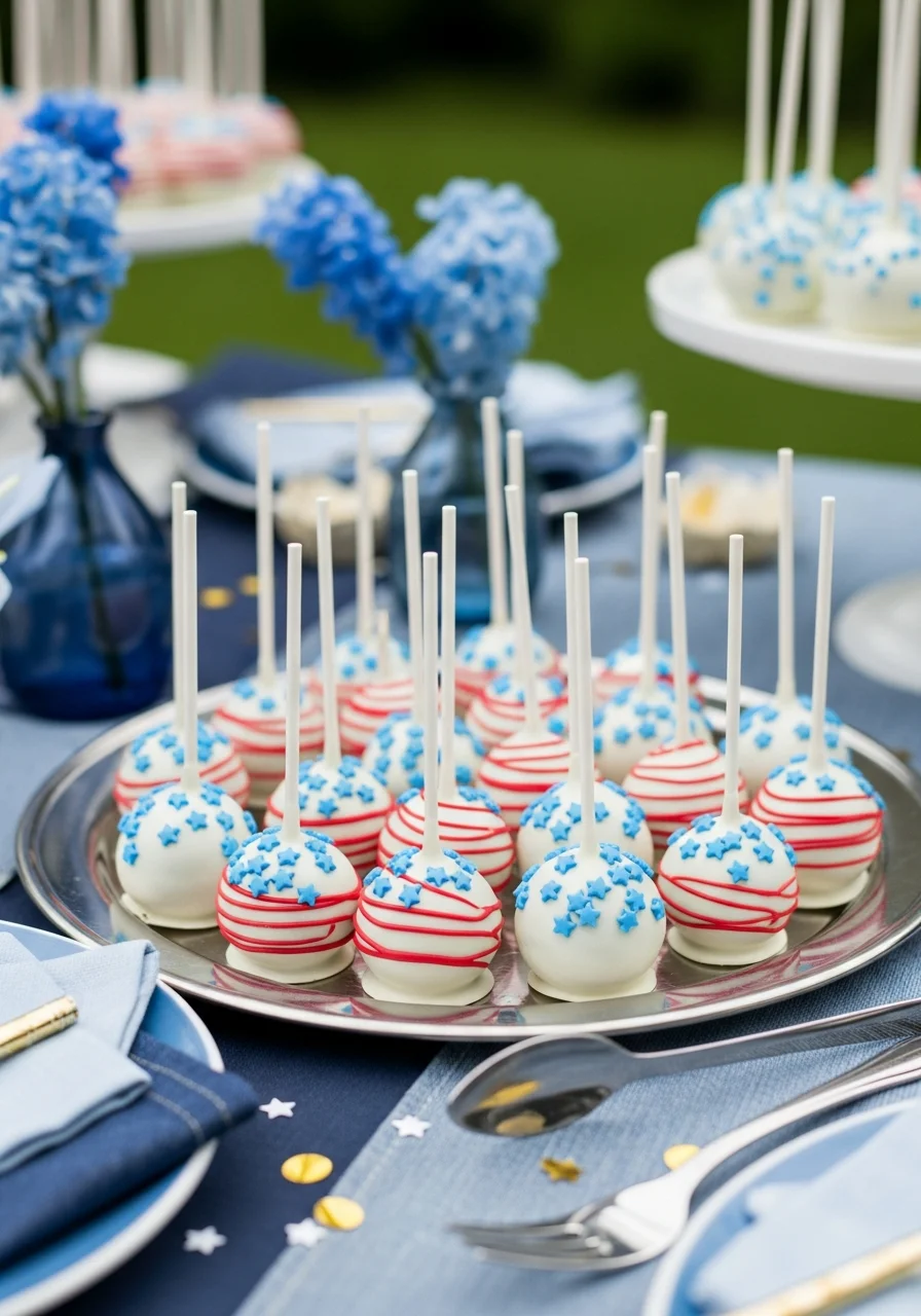 Platter of decorated patriotic cake pops.