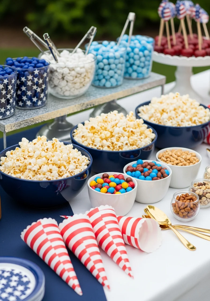 DIY popcorn station with various mix-ins and paper cones.