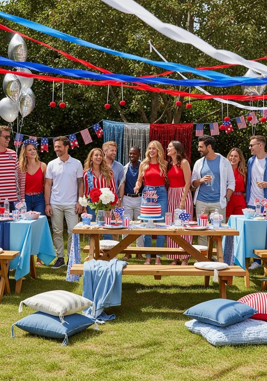 Group of party guests dressed in red, white, and blue colors.