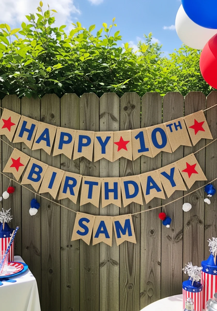 Personalized burlap birthday banner hanging outdoors.