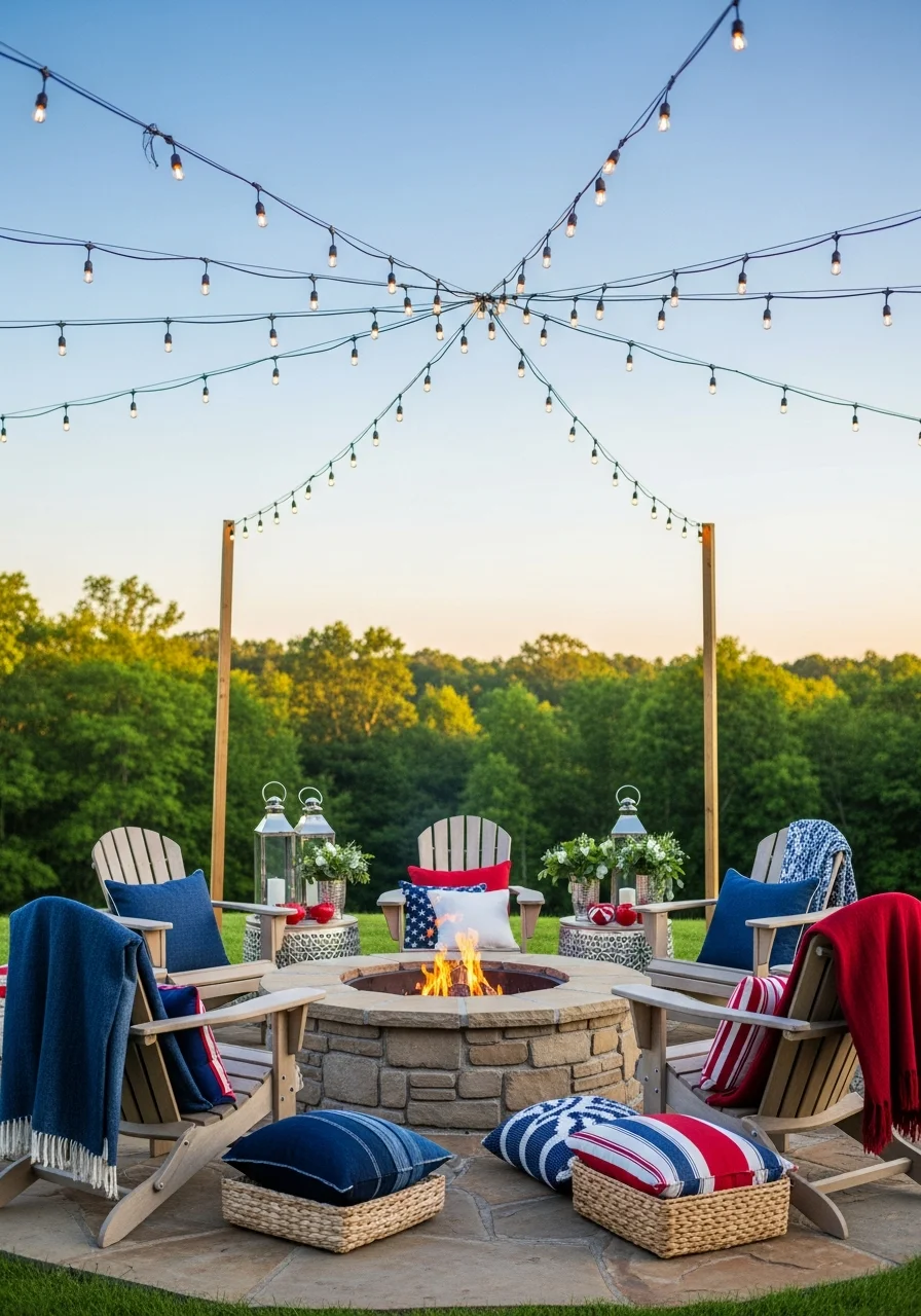 Cozy fire pit area with chairs and overhead string lights.