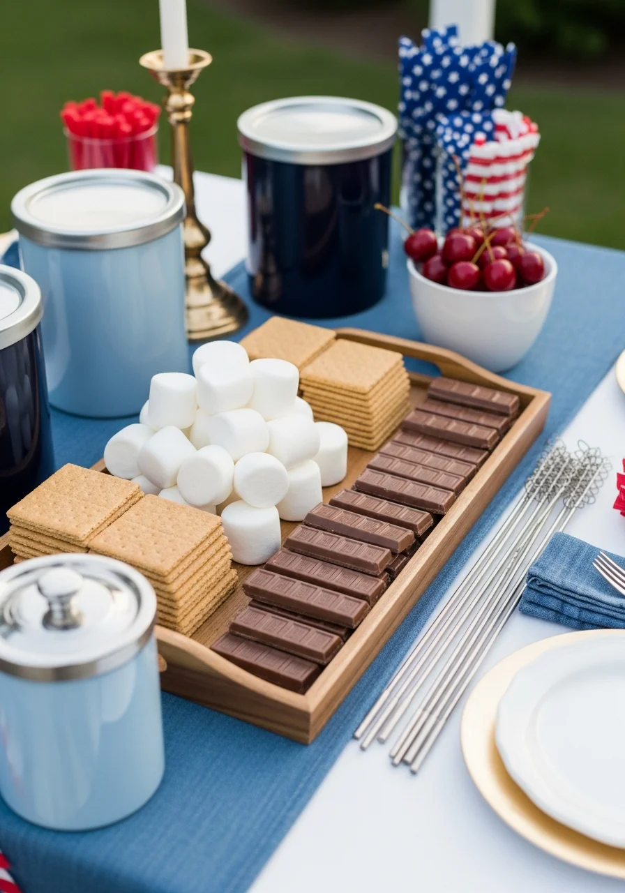 S'mores ingredient tray with crackers, chocolate, and marshmallows.