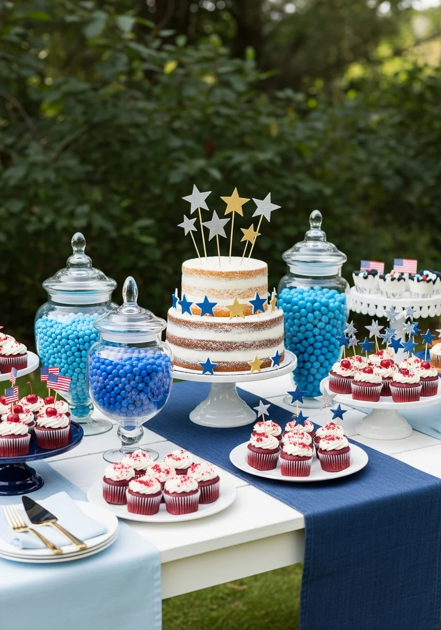 Patriotic dessert table with a star-topped birthday cake.