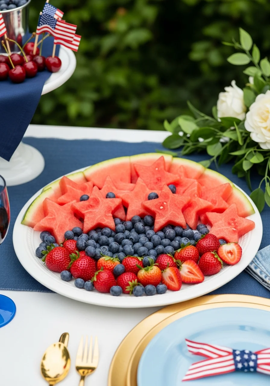 Fresh fruit platter with star-shaped watermelon and berries.