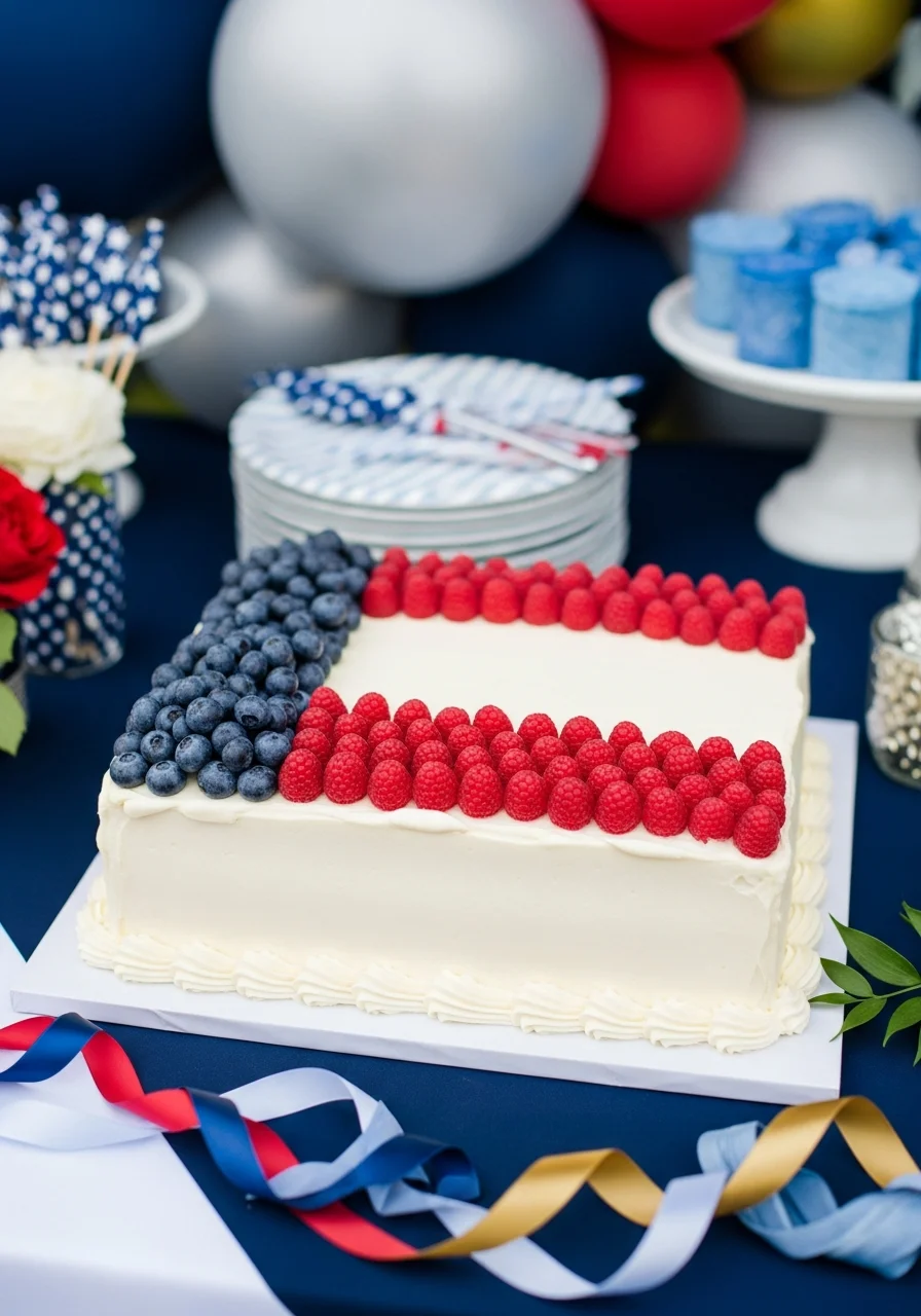 Sheet cake decorated with berries to resemble the American flag.