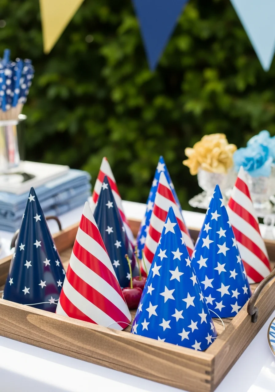 Tray of red, white, and blue patterned party hats.