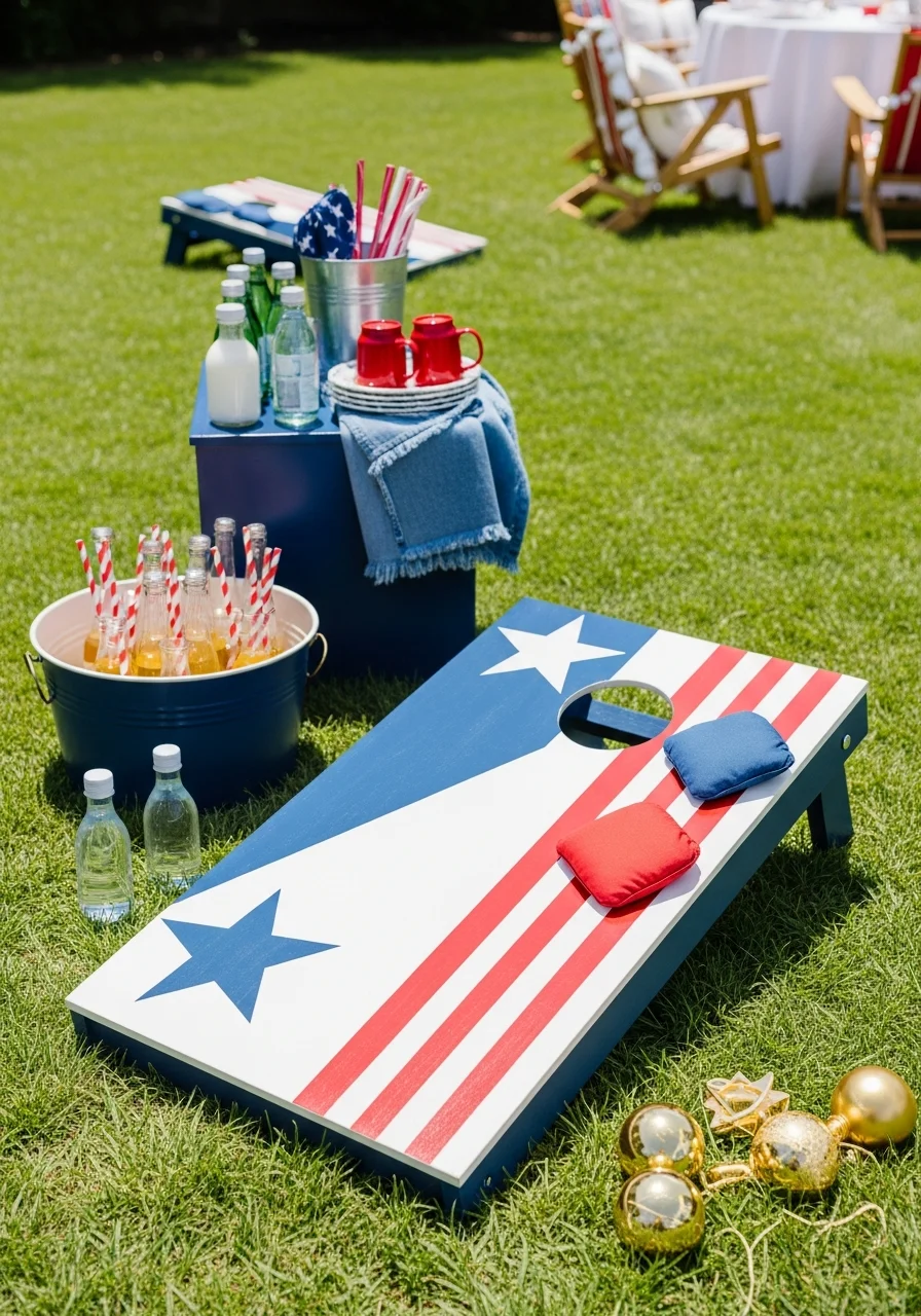 Patriotic cornhole game set up on a backyard lawn.