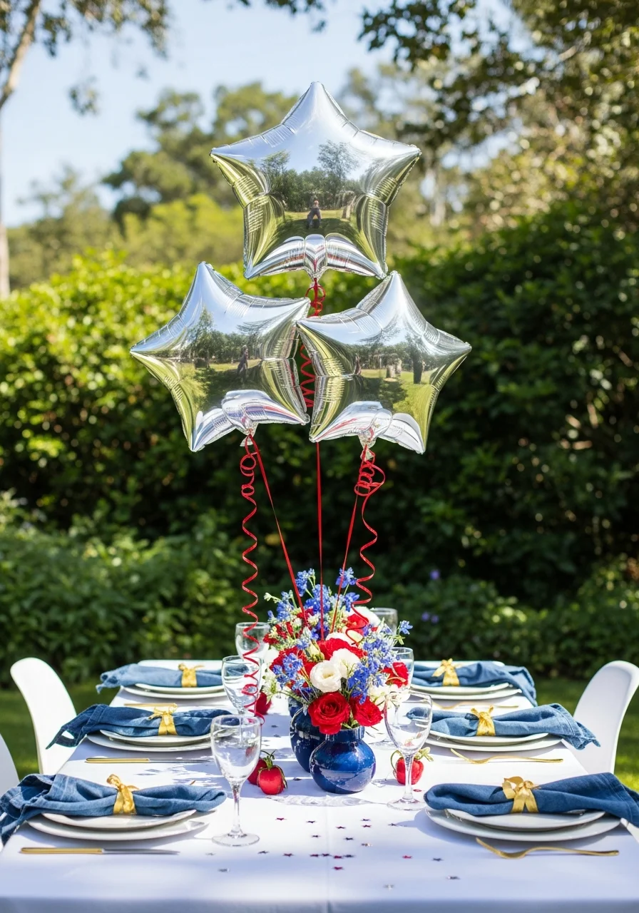 Table centerpiece with silver star balloons and red ribbon.