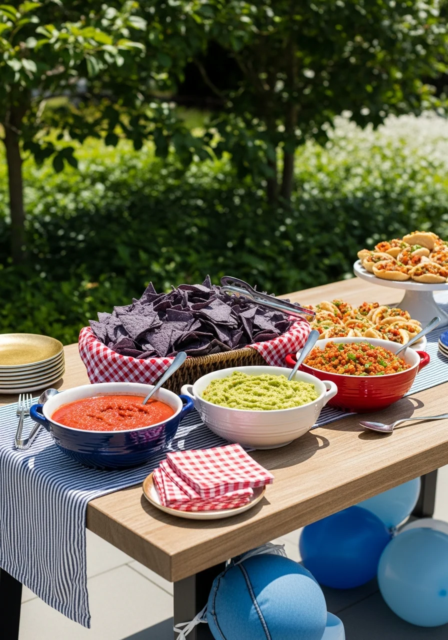 Taco bar setup with fillings and blue corn tortilla chips.