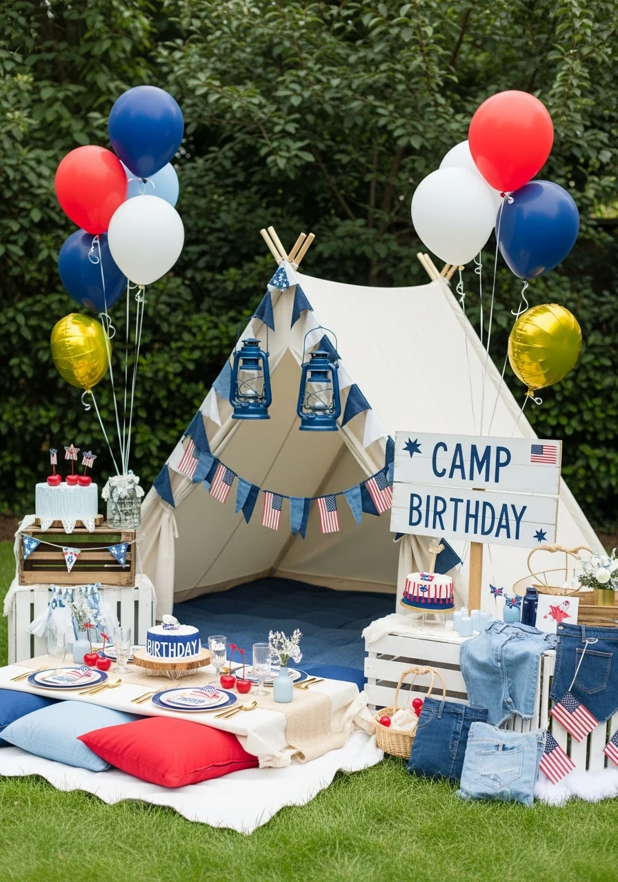 Summer camp themed birthday setup with a tent and lanterns.