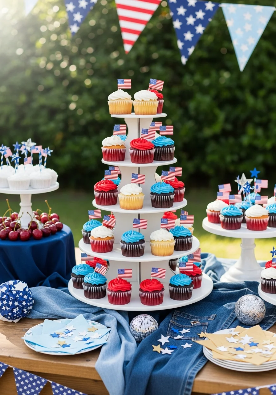 Tiered stand filled with red and blue frosted cupcakes.