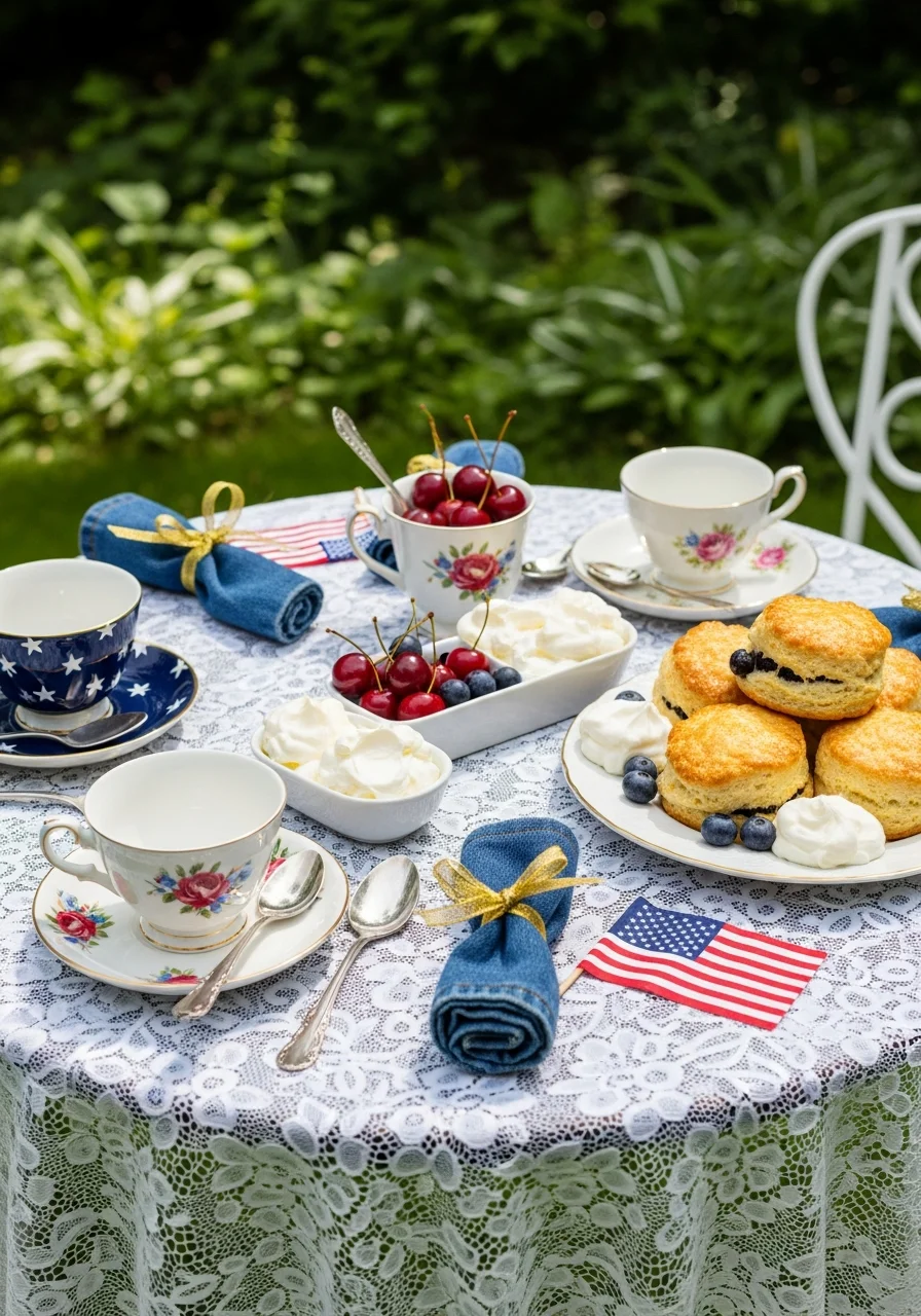 Garden tea party setup with vintage dishes and berry treats.