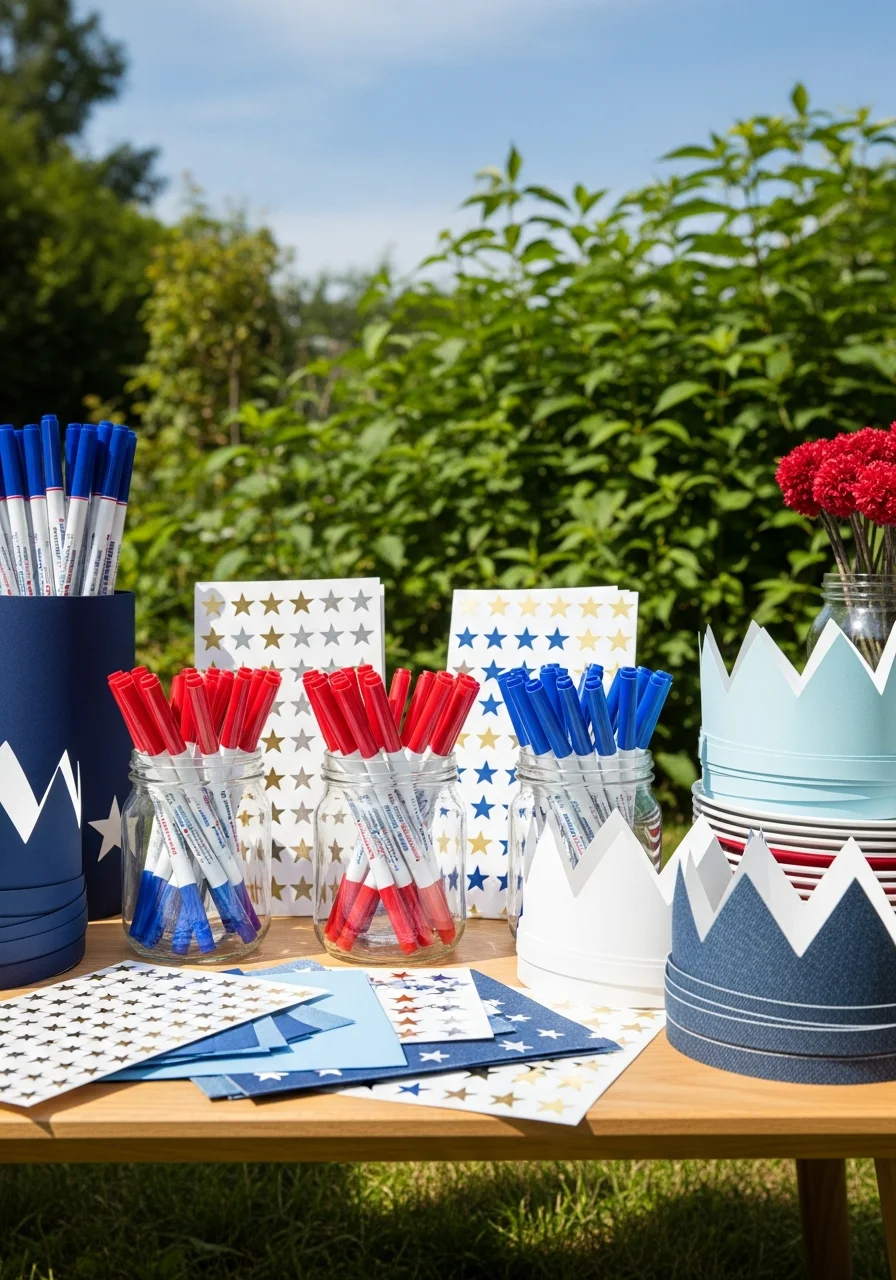 Kids' craft station with patriotic art supplies.