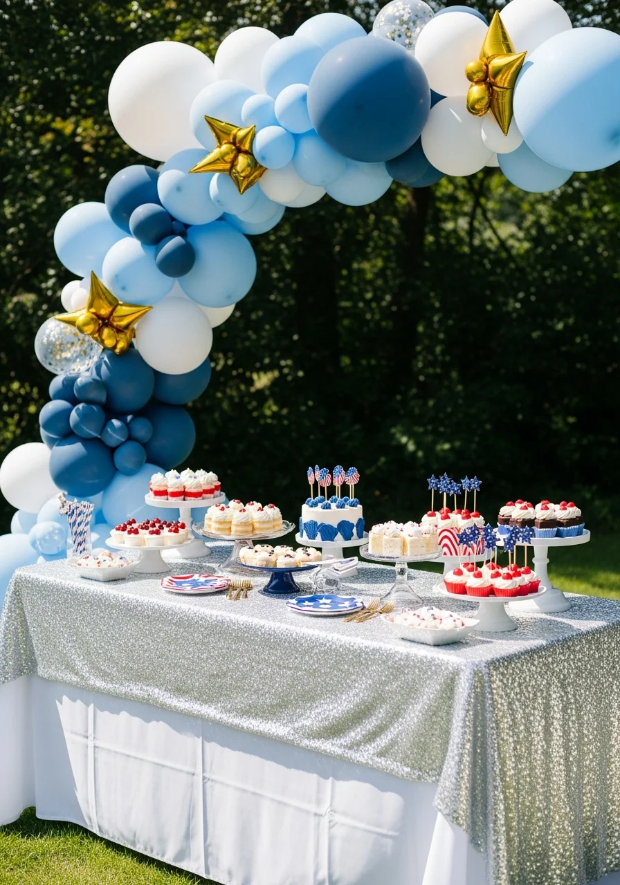 Table with silver sequins and a blue and gold star balloon garland.