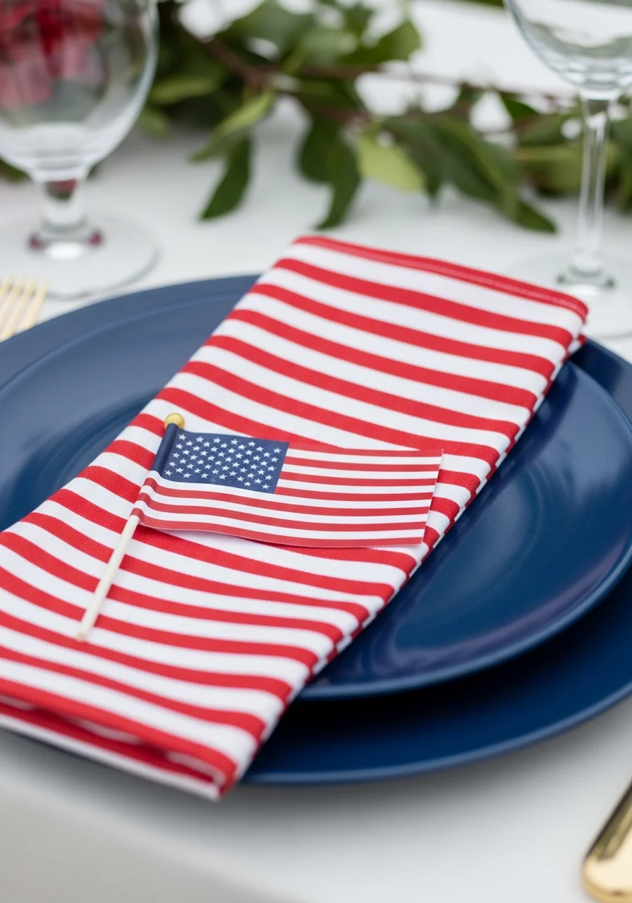 Place setting with striped napkins and a small flag.