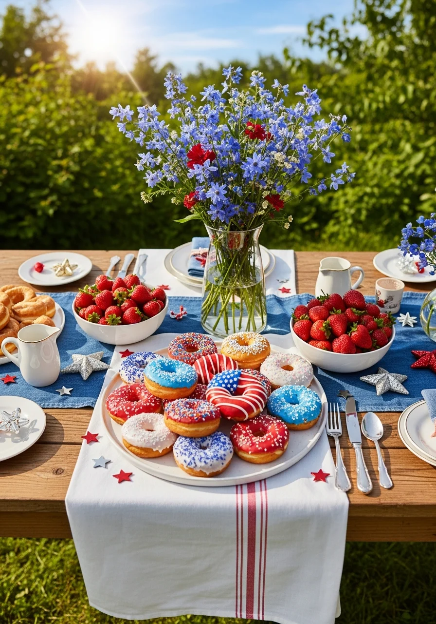 Morning birthday breakfast with donuts and fresh fruit.