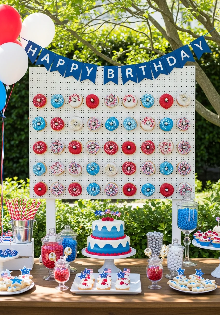 Vertical donut wall with patriotic-themed donuts.