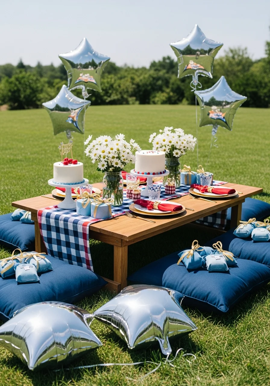 Low-profile picnic table with floor cushions and flowers.