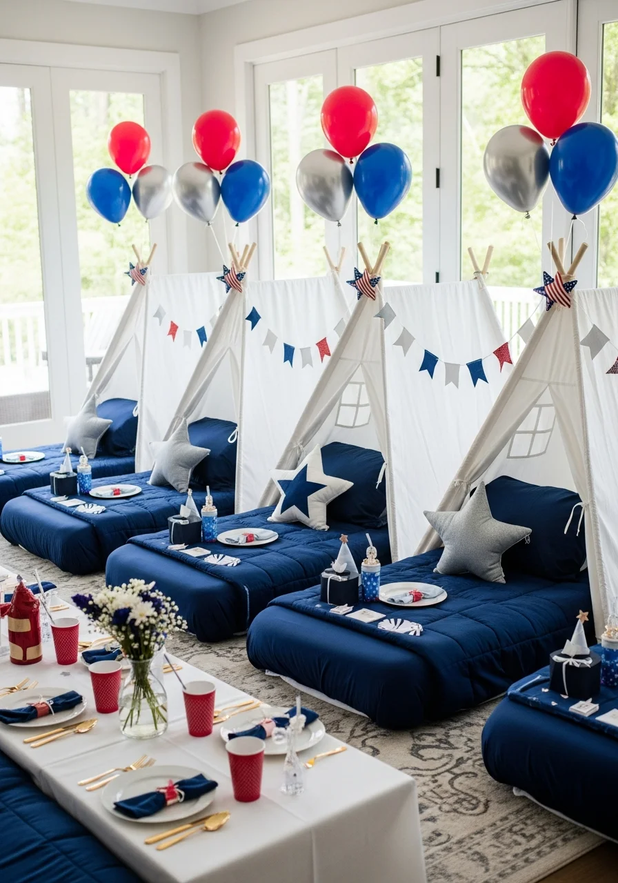 Indoor sleepover setup with small tents and star pillows.