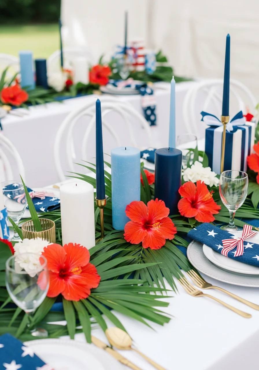 Tropical-themed table with palm leaves and red flowers.