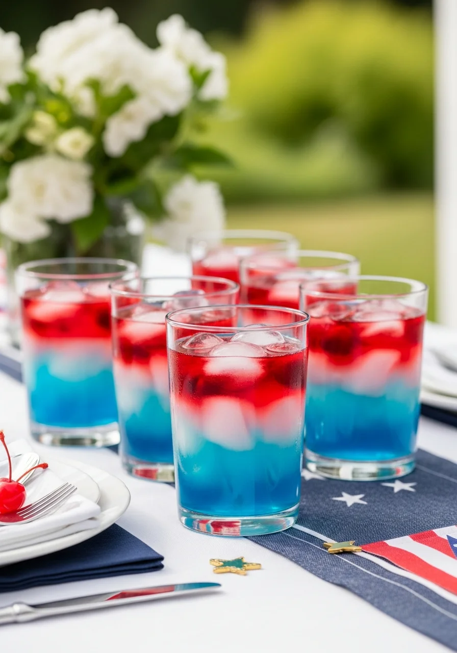 Glasses of layered red, white, and blue fruit punch.