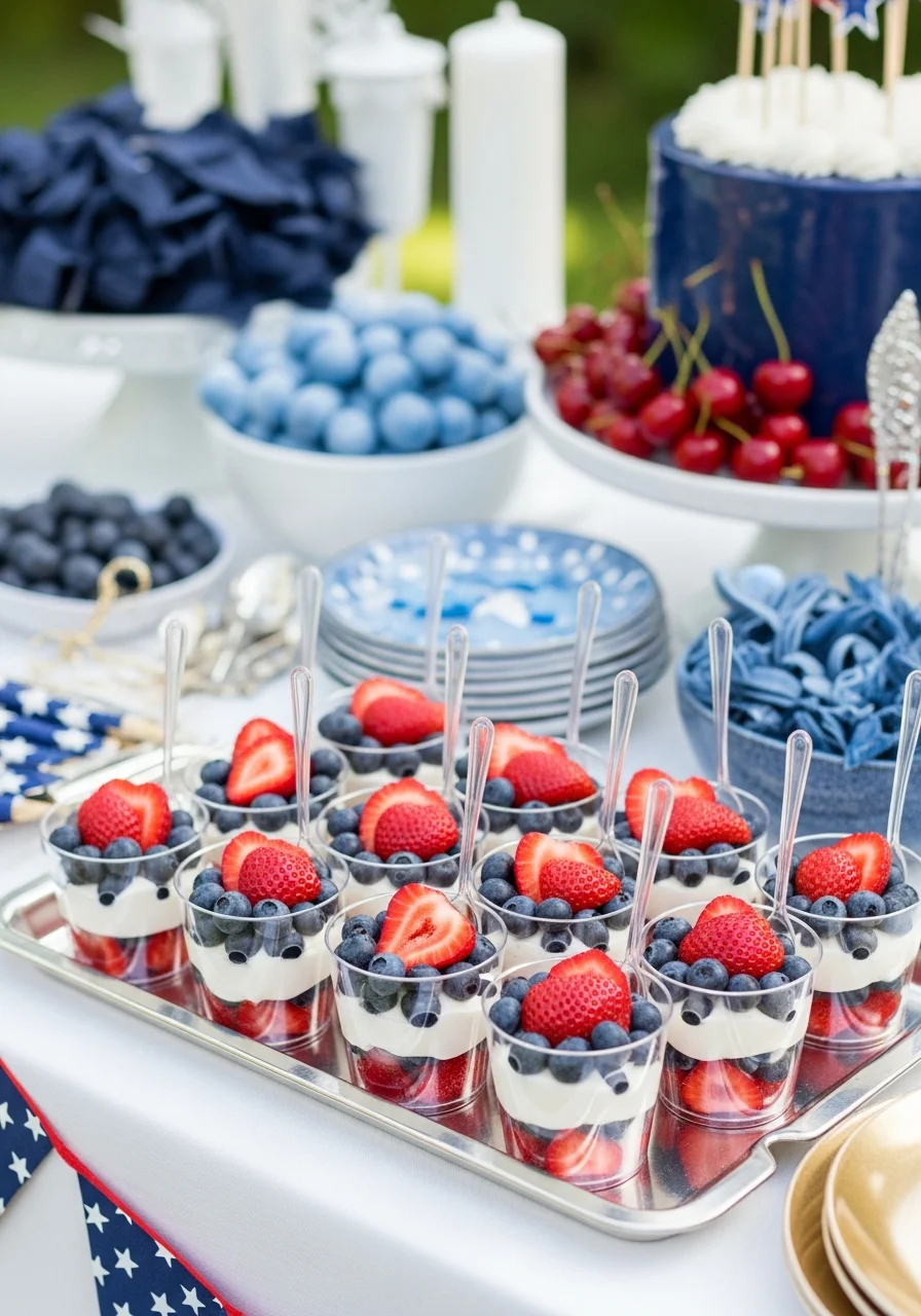 Small dessert cups with layers of fruit and cream.