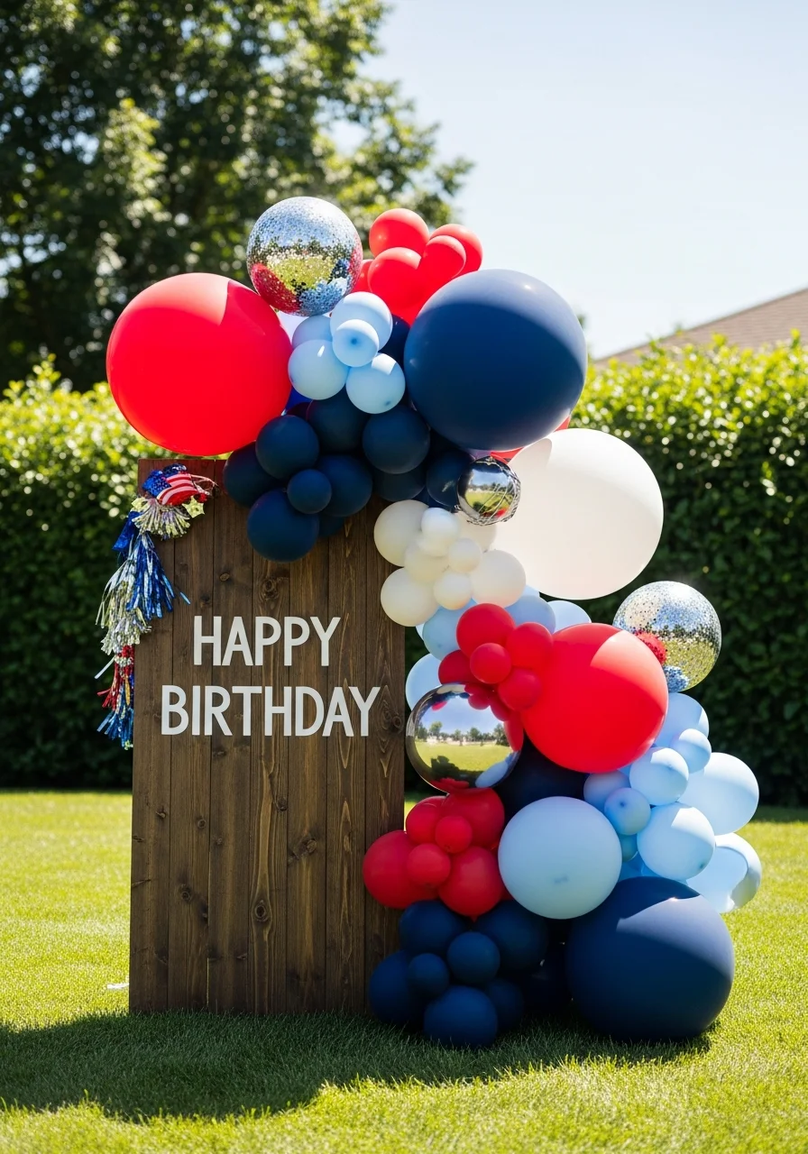 Wooden welcome sign with balloons in a front yard.