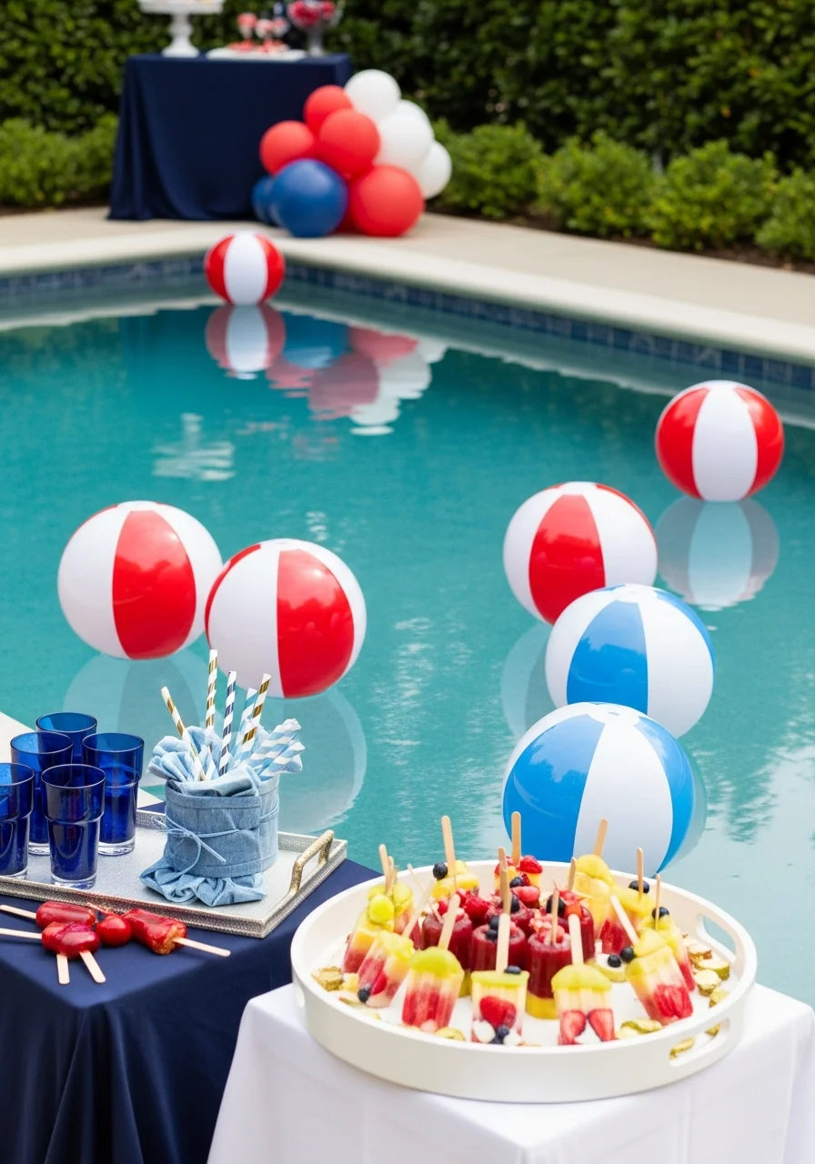 Swimming pool with patriotic beach balls and summer snacks.