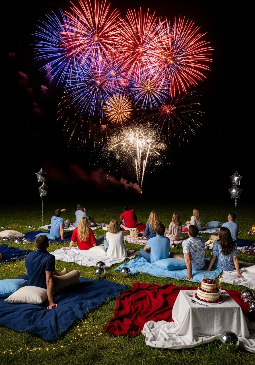 People watching fireworks from blankets on a lawn.