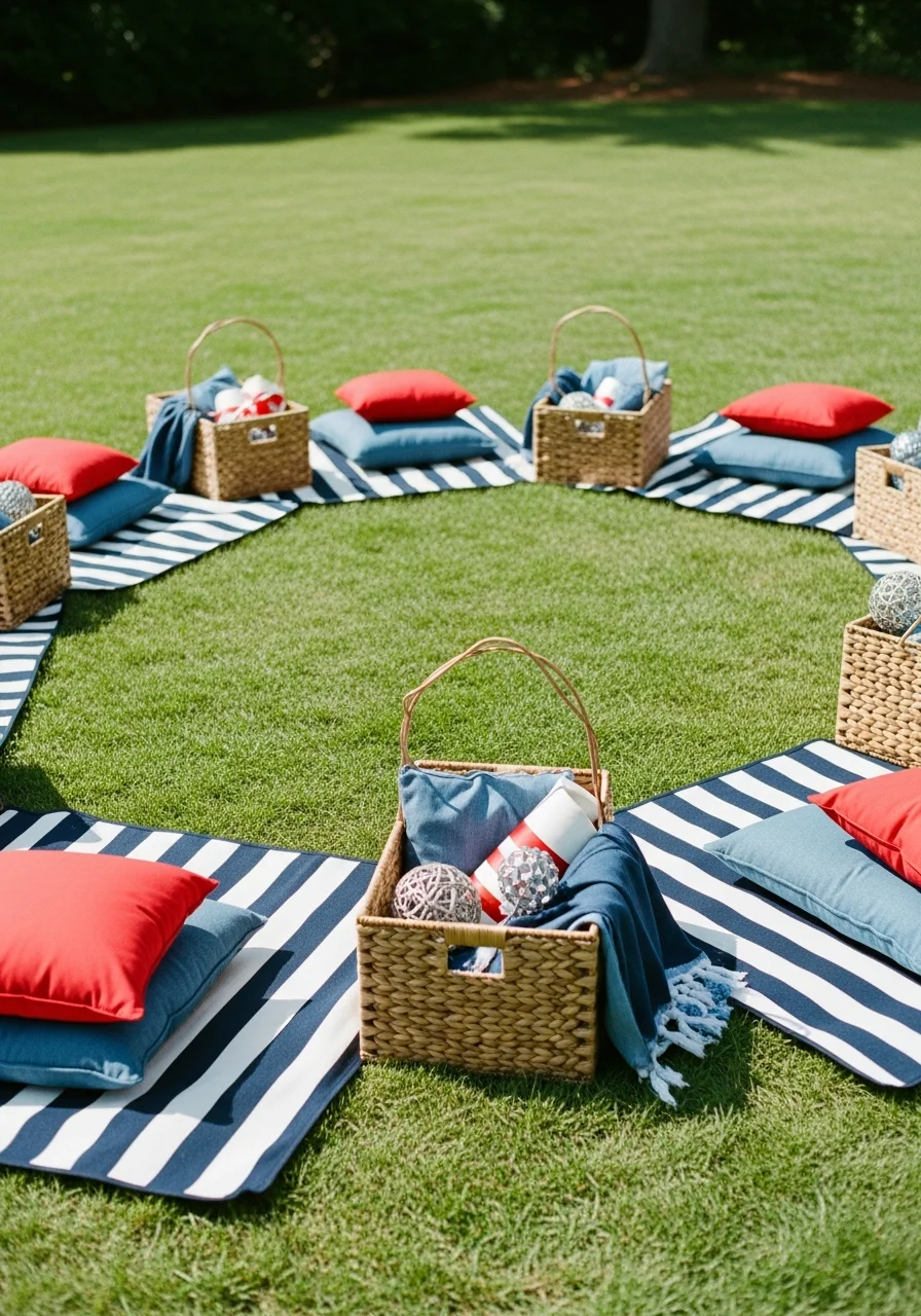 Outdoor picnic setup with blankets and pillows on the grass.