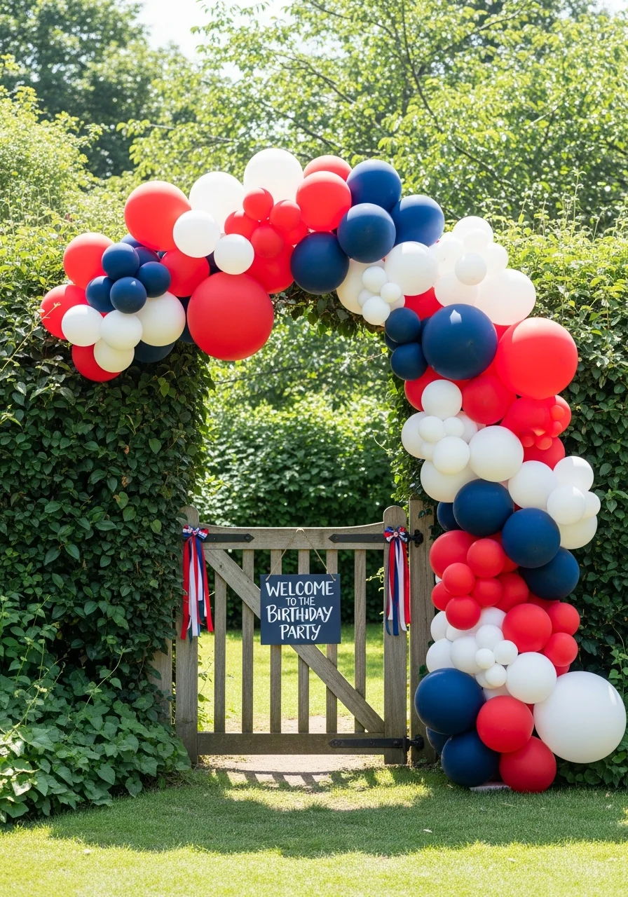 Large red, white, and blue balloon arch at a garden entrance.