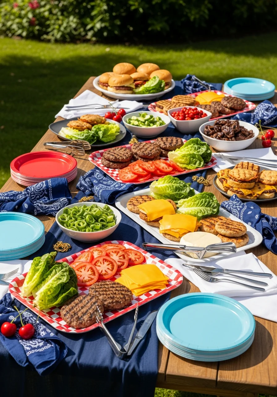 Outdoor burger bar with fresh vegetable toppings.