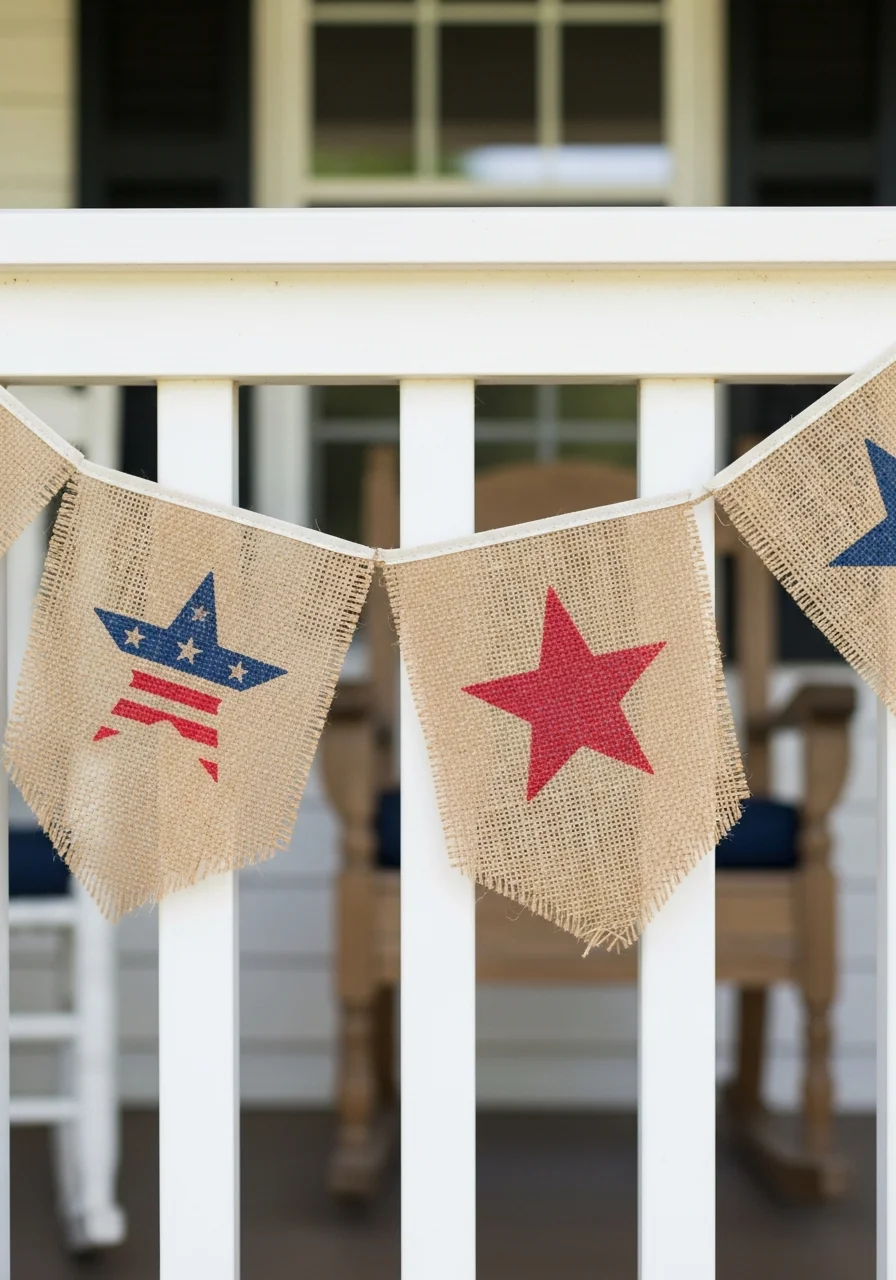 Weathered burlap bunting with stenciled stars on a white wooden porch rail.