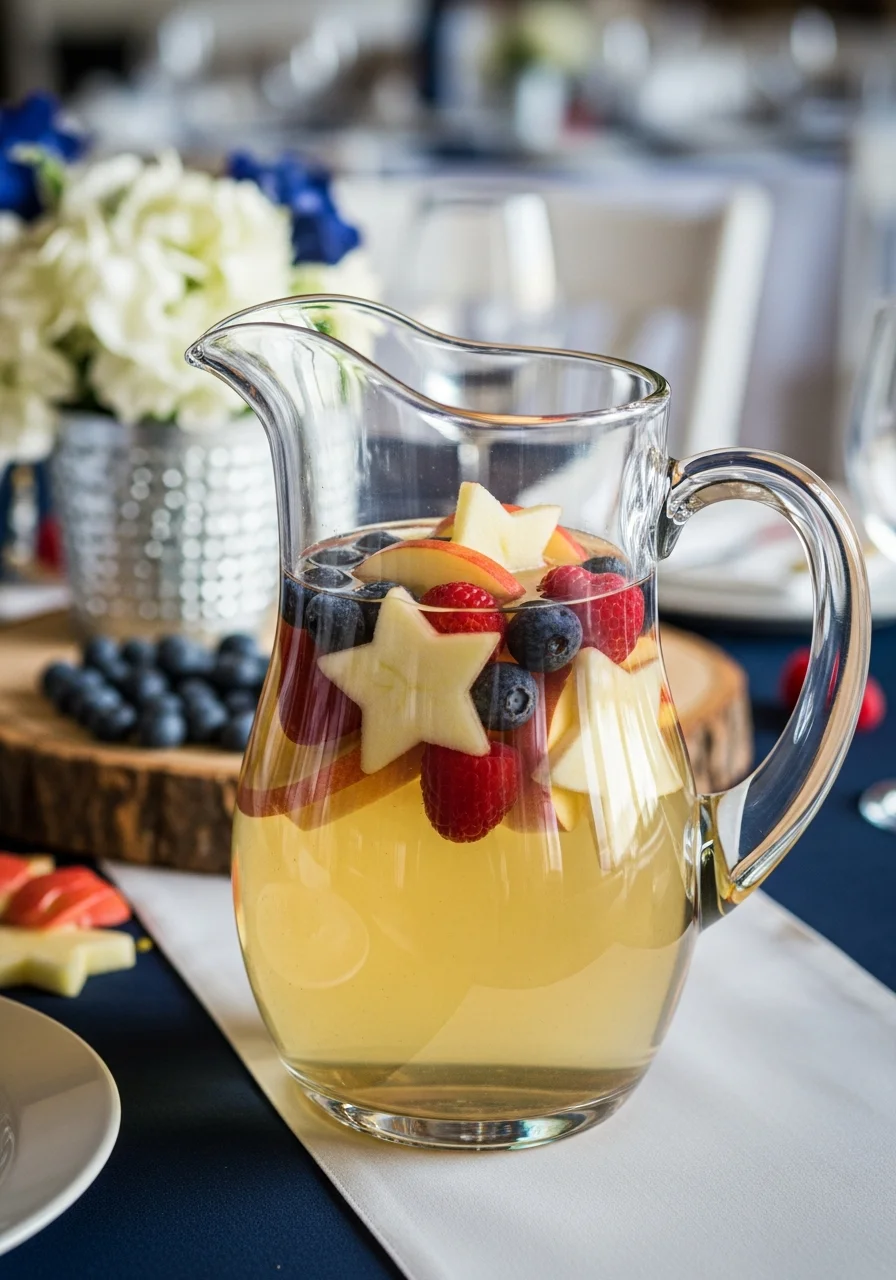 Glass pitcher of sangria with star-shaped apple slices and berries.