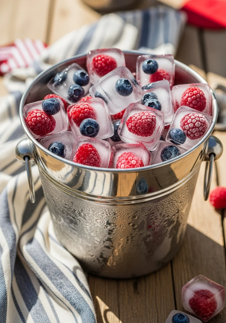 Clear ice cubes with frozen berries inside a silver bucket.