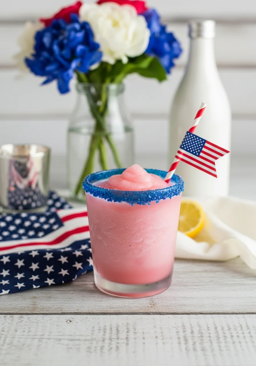 Pink frozen margarita with a blue salt rim and a small flag straw.