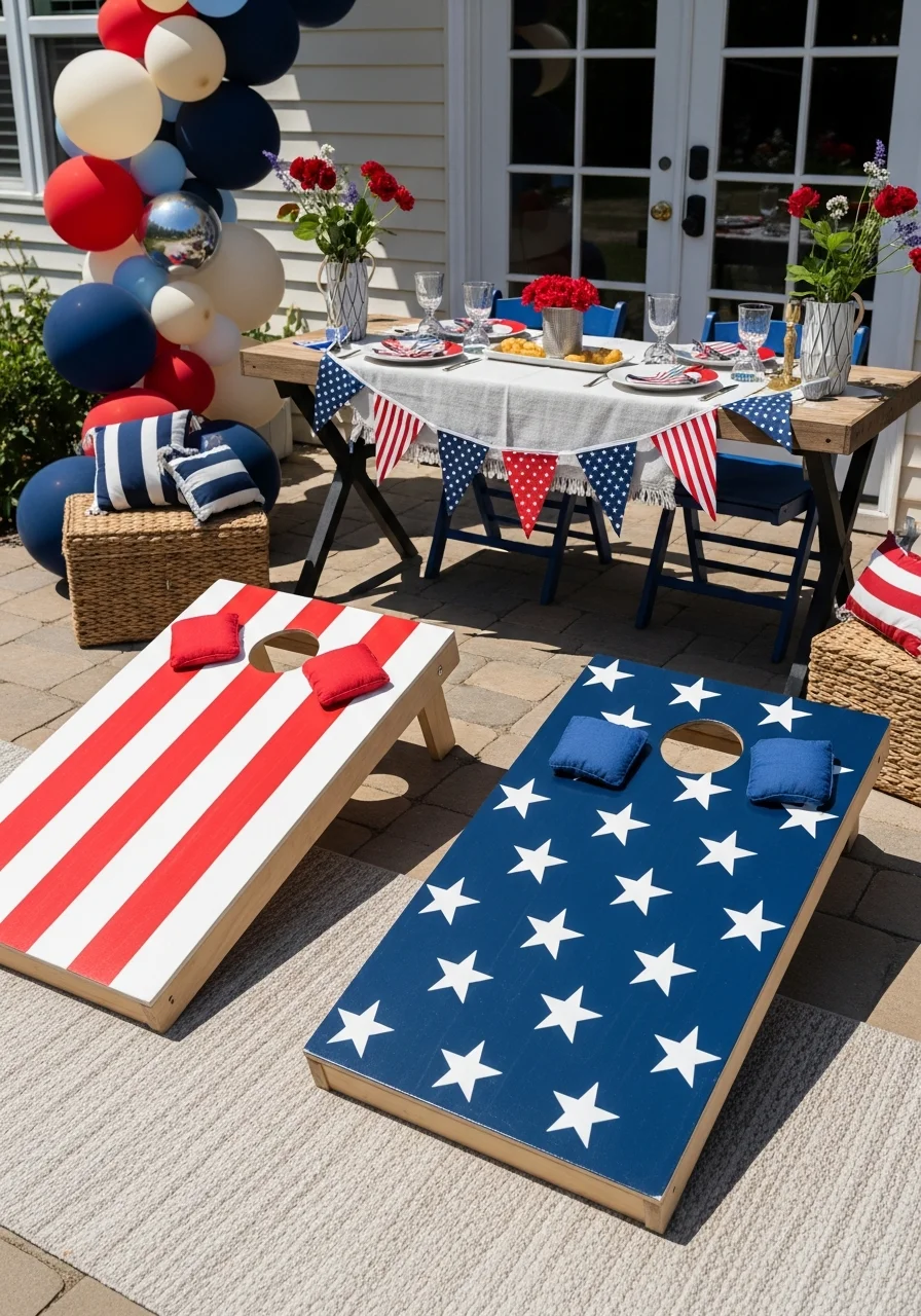 Painted cornhole boards with stars and stripes on a green lawn.