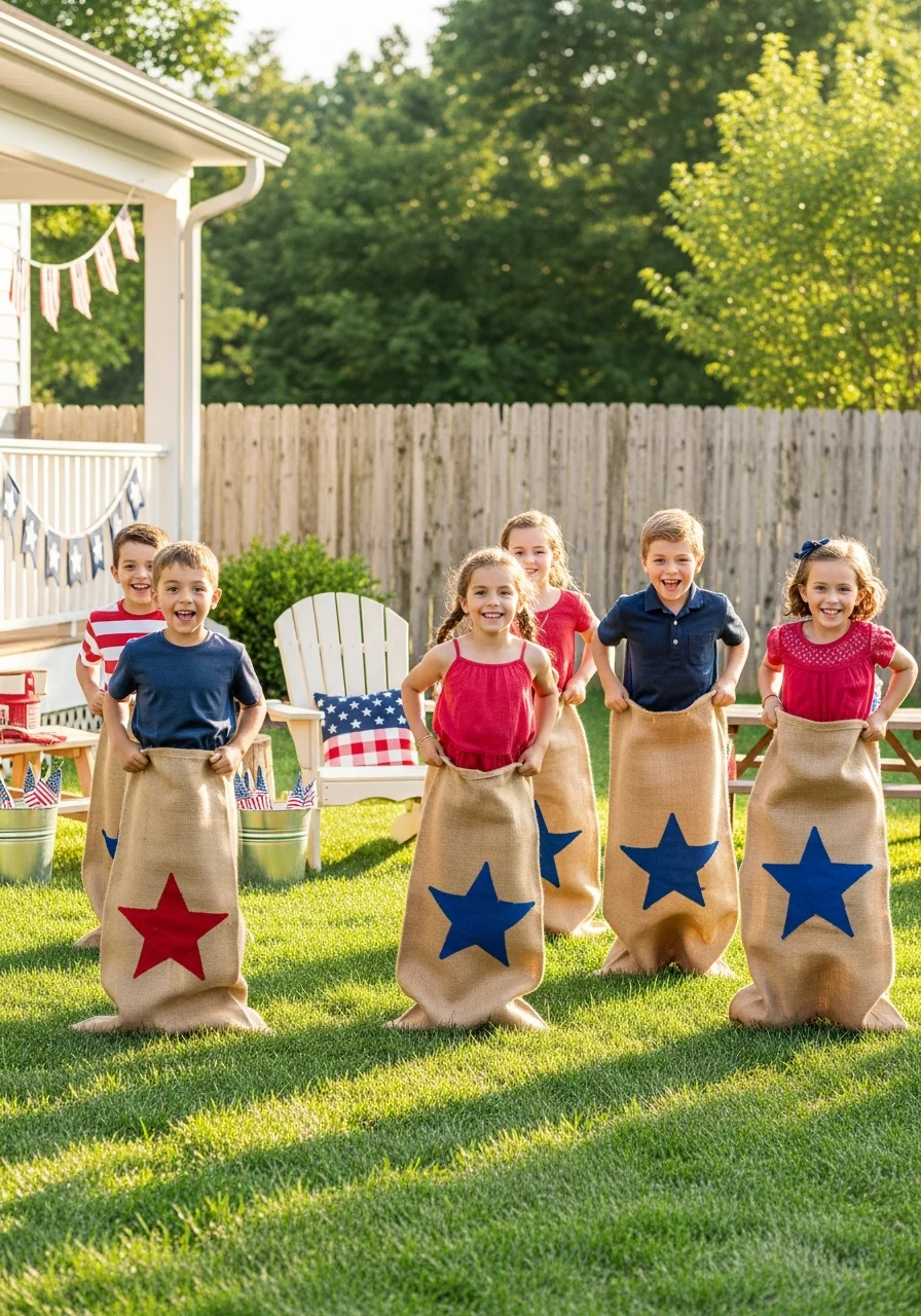 Kids racing in burlap sacks with star decorations on a lawn.