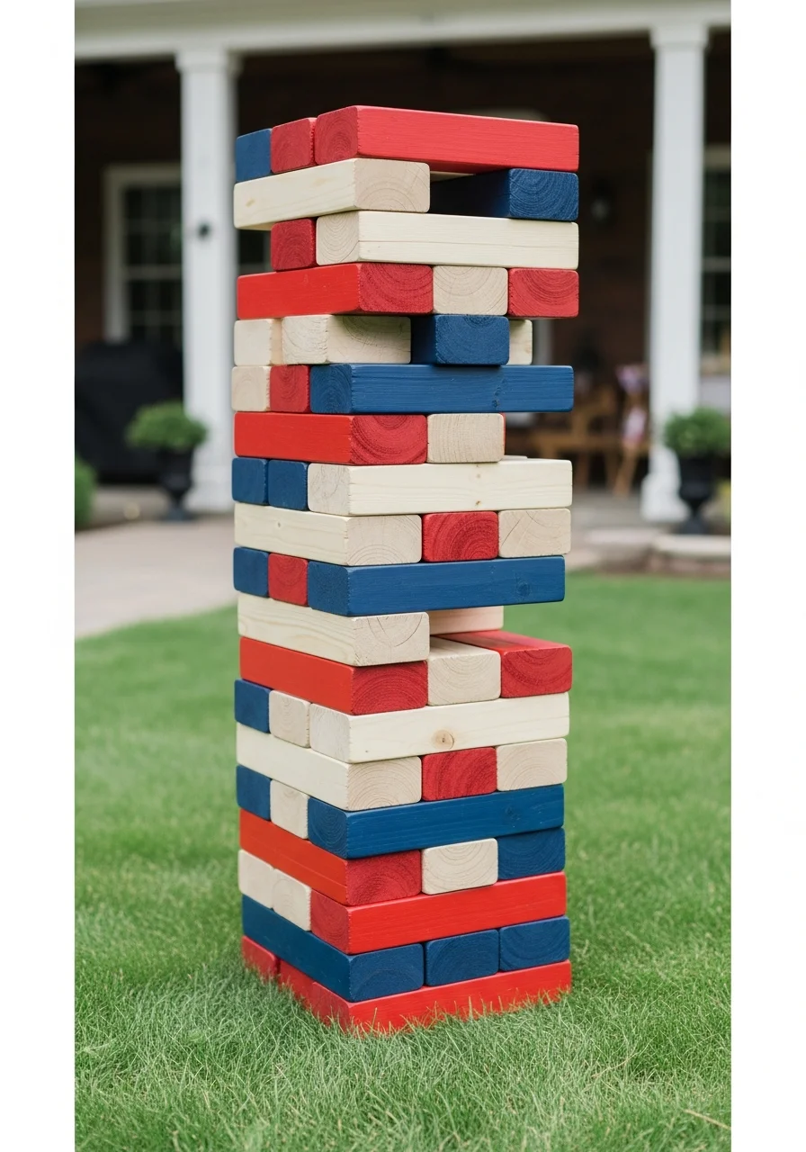 Tall tower of giant wooden blocks with red, white, and blue painted ends.