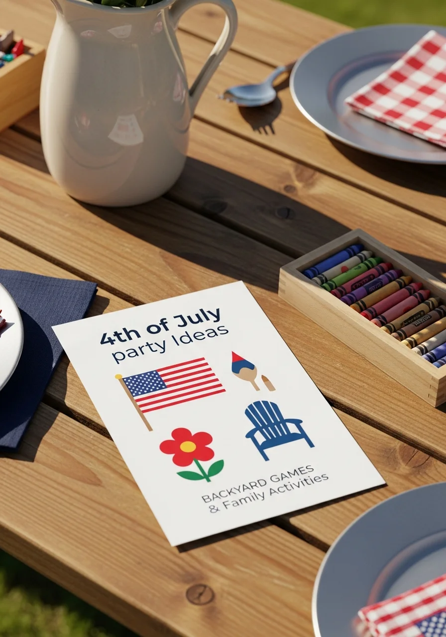 Scavenger hunt card with icons of flags and flowers on a picnic table.